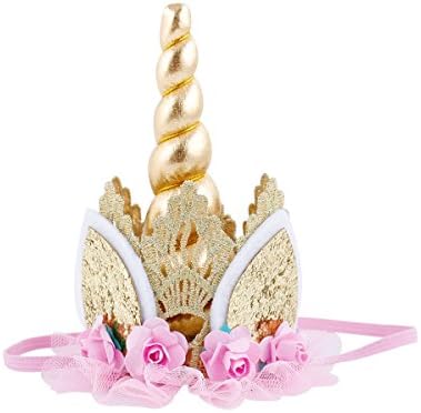 Celebris Unicorn Birthday Flower Lace Crown Headband with Gold Horn for Photography Prop (Gold & Light Pink)