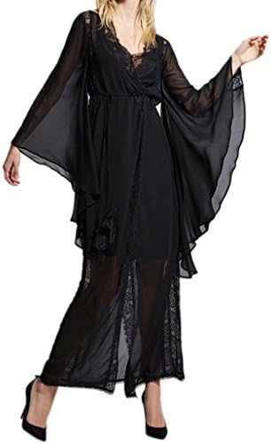 Woo2u Trumpet Sleeve Smock Robe Crochet Hollow Lacing Chiffon Shirt Black XXL