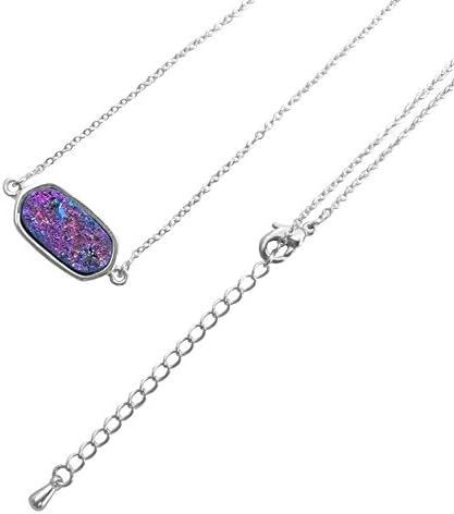 TESS WORLD Silver Necklace Colourful Oval Natural Drusy Geode Crystal Cluster Necklace for Women