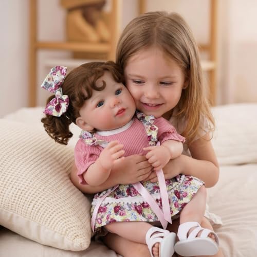 Boneca Bebê Reborn Realista Silicone 48cm Presentes para Meninas | Cabelo Implantado Olhos Azuis Vestido Rosa com Chupeta Magnética
