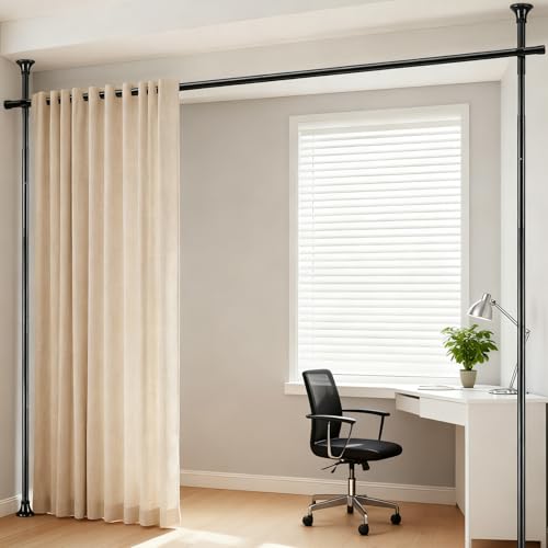 Black Room Divider Curtain Rod, Floor to Wall Ceiling Tension Separator Privacy Space Partition Rods, Heavy Duty No Drilling Room Separation Rods, Adjustable 120-300Cm(H), 70-175Cm(W)
