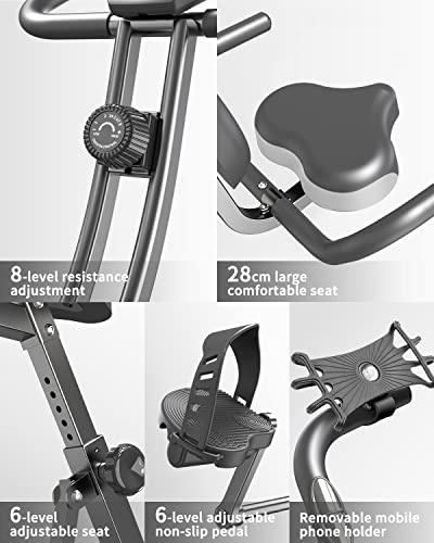 PROIRON Folding Exercise Bike, Fitness Exercise Bike with Backrest, Resistance Band, 8 Levels Magnetic Resistance, Pulse Sensor, Height Adjustable, Weight Max 120 kg…