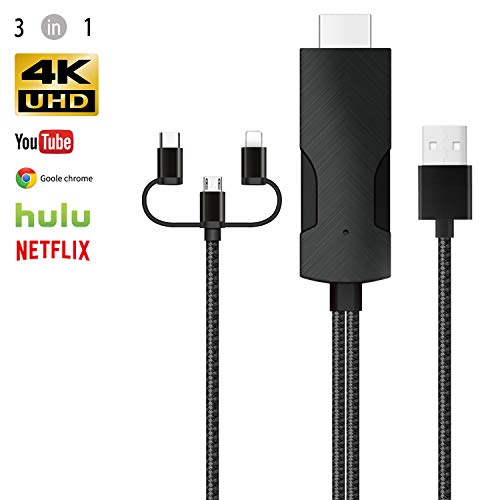 YEHUA 3 in 1 Mirascreen Wired Display Digital USB to HDMI Mirroring Screen 4K Cable with HDMI, Micro-USB, Type C Port Adapter for Android 4.4+ iOS 9.0+ Device Mobile Digital AV Adapter - Thumbnail 6
