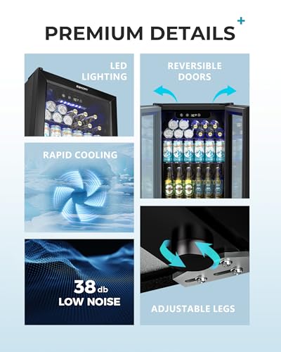 EUHOMY 60 Can Beverage Refrigerator cooler-Mini Fridge Glass Door for Beer Drinks Wines, Countertop Beverage Fridge with Adjustable Shelves Blue LED, 1.6 cu.ft