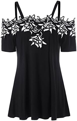 Women's Tops Lace Applique Short Sleeve Casual Tee Cold Shoulder Blouses T-Shirt