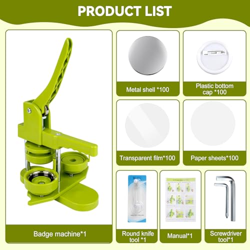 Máquina de Fazer Bottons 25 mm (0,98"/1 pol.), Kit para Produção de Bottons com 100 Conjuntos, Cortador Circular e Chave Hexagonal, para DIY, Artesanato, Atividades Escolares e Lazer em Família