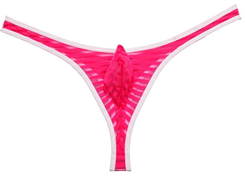 Jaxu Men's Bordered Mesh Striped Thong Underwear Pink Large