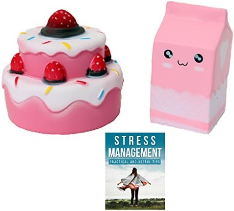 Cute Squishy Stress Relief Toys, Slow Rising PU Foam Balls for Anxiety Release and Hand Physical Therapy (2 Pack) Milk &amp; Strawberry Cake Set Adult Office De-stressor - Free Stress Management ebook!