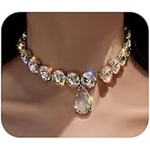 Jumwrit Chunky Chain Choker Necklace Sparkle Rhinestone Necklace with Teardrop Pendant Silver Tennis Chain Necklace for Women