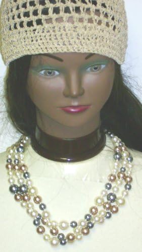 Three Strand Ivory and Amber Simulated Pearl Short Chain Necklace Offered with Hand Crocheted Beige Gimp Skull Cap