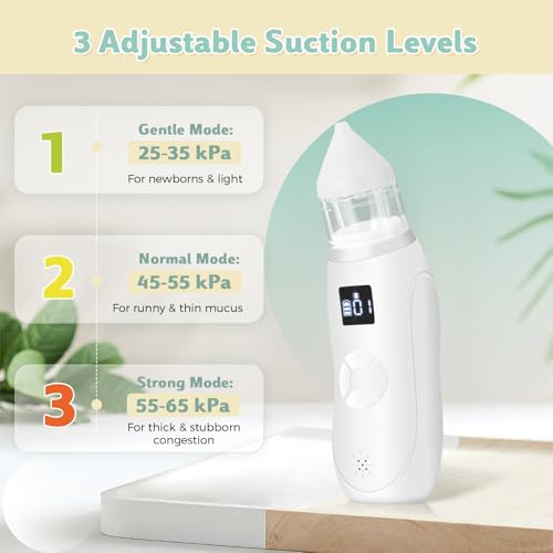 Electric Baby Nasal Vacuum Cleaner with 3 Suction Levels | 2 Sizes of Tips | Lights and Music, Suitable for Newborns and Babies