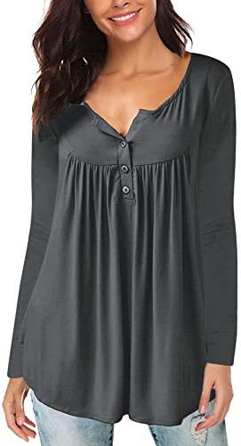 Aitos Women's Long Sleeve Casual Basic Loose V Neck Pleated T Shirts Tunic Tops Button up Blouse S-XXL