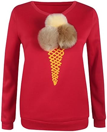 Menglihua Womens Casual Cute Funny Ice Cream Fur Ball Pullover Sweatshirt Top Blouse Red X-Large