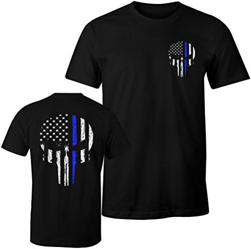 Thin Blue Line Skull USA Flag Men's T Shirt (5XL, Black)