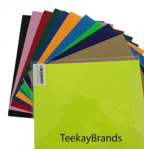 TeekayBrands 12x10 inches Korean Quality PU Iron On Heat Transfer Vinyl with Free Teflon and Transfer Sheets for Fabrics T-Shirts and Garments, for Silhouette Cameo and Cricut - 13 Sheets Variety pack