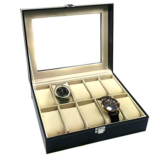 Science Purchase 78AMZN10GRID-1 Leather Display Glass Top Jewelry Case Organizer, 10 Mens Watch Box, Black