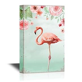 Canvas Wall Art - Pink Flamingo Standing with One Leg in Water with Flowers - Gallery Wrap Modern Home Art | Ready to Hang - 12x18 inches