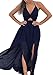 YOMISOY Women Halter Chiffon Dresses Sexy V Neck Sleeveless Plain Swing Summer Beach Maxi Split Dress Navy Blue