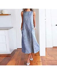 SULEAR Vestido de playa vestido de noche para mujer casual a rayas sin mangas vestido de cuello redondo de lino bolsillo vestido largo