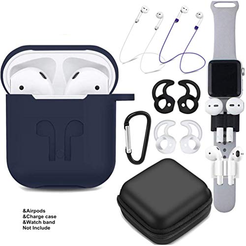 AirPods Case 9 in 1 Airpods Accessories Kits Protective Silicone Cover and Skin Compatible Apple Airpods Charging Case with Airpods Ear Hook/Tips/Airpods Strap/Clips/Watch Band Holder/Zipper Box Blue