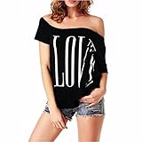 NOMENI Women Love letters Off Shoulder Short Sleeve Blouse Casual Tops T-Shirt
