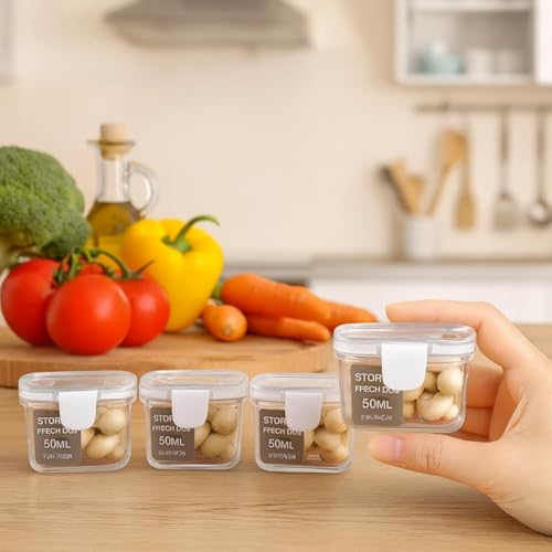 Kit 4 Mini Potes Hermético Retangular Plástico Transparente 50ml 7x5x4cm Tampa c/Trava de Segurança, Organizador de Alimentos, Porta Molhos, Reutilizáveis e Atóxico Livre BPA