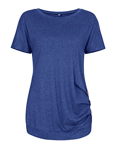 Aliex Women's Casual Tunic Top Short Sleeve Blouse T-Shirt Button Decor Blue L