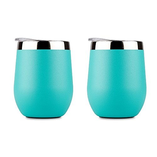 DOKIO Wine Glasses With Stainless Steel Straw 12oz Sippy Cup Tumbler Cyan Stemless Double Wall Vacuum Insulated With Lid Unbreakable For Ice Hot Drink Coffee Champagne Cocktail Mug 2 Sets
