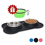 KEKS Set of 2 Stainless Steel Bowls with Non-Skid & No Spill Silicone Black Stand for Small Dogs, Cats, Puppy & Collapsible Travel Pet Bowl