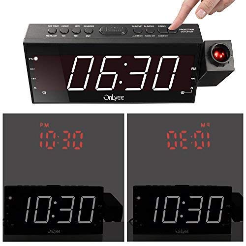 OnLyee Projection Clock with FM Radio, 7" LED Display, Wall Ceiling Clock, Nap/Sleep Timer, 3 Dimmer, Dual Alarm and Dual USB Ports for Wall,Travel, Bedrooms, Ceiling, Kitchen, Desk, Shelf