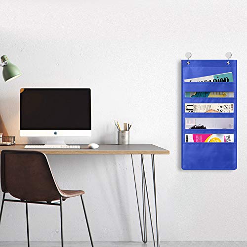 Premium Hanging File Folder Organizer, 5 Pockets, 2 Hangers Cascading Wall Organizerï¼ŒPerfect for Home Organization, School Pocket Chart, Office Bill Filing. Wall or Over Door Mount (Blue-1Pack)