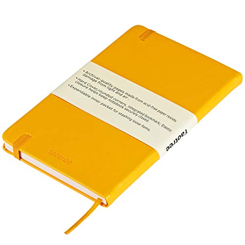 Bullet Journal - Taotree Dot Grid Hard Cover Notebook, 100gsm Premium Thick Paper with Fine Inner Pocket, Yellow Smooth Faux Leather, 144 Pages, 5''×8.3'' - Thumbnail 4