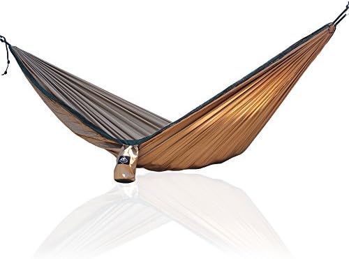 Outdoor Double Two Person Compact Nylon Camping Hammock With Straps &amp; Steel Carabiners | Portable, Strong, Lightweight | Fits in backpack | Ideal for Day Hiking, Hunting, Fishing (Khaki &amp; Olive)