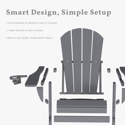 Patio Kingdom Folding Adirondack Chair with Cup Holders, HDPE Plastic Outdoor Chairs, Weather Resistant, Real Wood Look for Patio, Deck, Fire Pit, Backyard, Gray