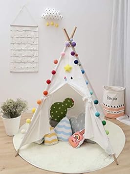 Tamia-Home Zelt Tipi Kinderzelt Spielzelt + Fähnchen für Innen mit Baumwollsegeltuch und Holzstangen (Weiss)