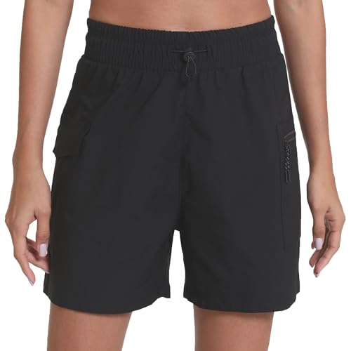 WOMEN’S HKING SHORTS ELASTIC DRAWSTRING HIGH WAIST ATHLETIC SHORTS WITH CARGO POCKETS LIGHTWEIGHT WORKOUT CAMPING SHORTS(BLACK S)