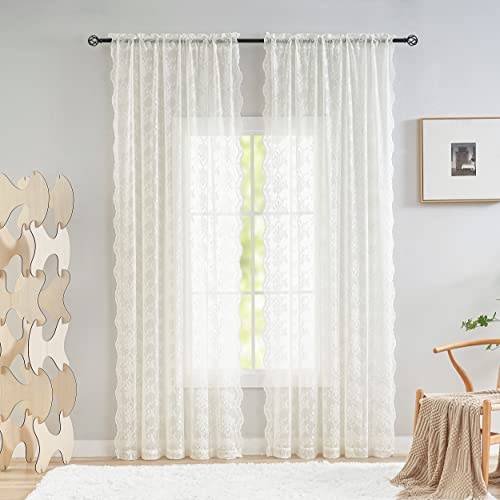 YJ YANJUN Vintage Lace Curtains 84 Inches Long-Victorian Floral Pattern Ivory Sheer Curtain Panels for Living Room Bedroom French Door, Light Filtering Drapes, 2 Panels 52W x 84L Cream