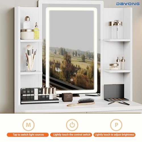 DAYONG Makeup Vanity Desk with LED 3-Colour Mirror, Vanity Dressing Table with 2 Drawers and Open Shelves, Vanity Table Set with Cushioned Stool for Bedroom, 80x140cm (White)