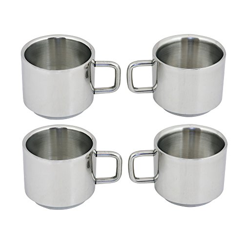 Kosma Set of 12pc Stainless Steel Double wall Coffee Cup | Espresso | Tea Cup 100ml with Triangular Saucer & Tea Spoons (4 Cups, 4 Saucer, 4 Spoons)