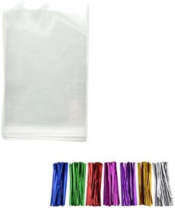 SBOZ 200 Pieces Treat Bags Candy Bags 2.8" x 4.8" with 4" Twist Ties 7 Mixed Colors Transparent Clear Thick OPP Plastic Bags for Gift Candy Wedding Party Cake Cookie