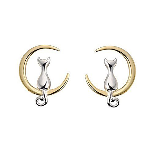 Nuwastone Cat on Moon Stud Earrings Sterling Silver Crescent Moon Cat Earrings Cat Lovers Gift (Golden Plating)