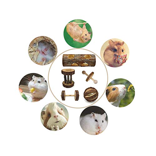 Bojafa 5 Pcs Natural Wooden Playing Chewing Toys for Small Animal Hamster Gerbil Mouse - Tunnel, Ball, Bell Roller, Dumbbell, Unicycle for Small Animals Molar Teeth Clean Toys - Thumbnail 5