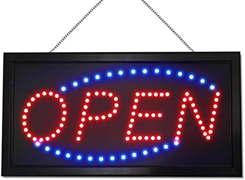 Neon Style LED Open Sign - Red / Blue Lights - Extended Power Cord - 2 Modes - Flashing / Steady Motion - Sturdy Chain - Best Signs for Business or Office - Perfect for Man Cave or Home Bar Decor