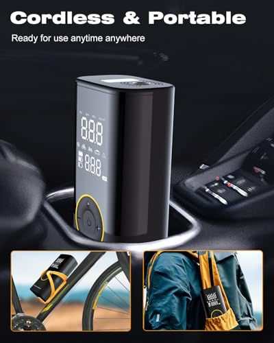 Hikari 6X Faster Portable Tire Inflator, 1 MIN to Full, 20000mAh Battery, 150PSI Cordless Air Compressor Pump with Digital Pressure Gauge, Extended Hose, LED Light for Car Bike Motorcycle Balls