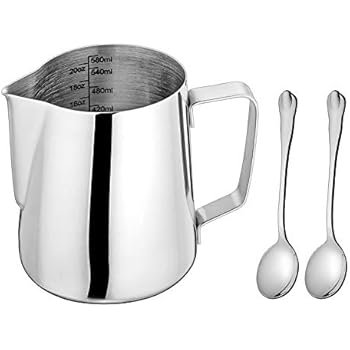 Milk Frothing Pitcher, LIANYU Stainless Steel Espresso Coffee Steaming Pitcher 20oz, Dishwasher Safe, Attached Mini Tea Spoons