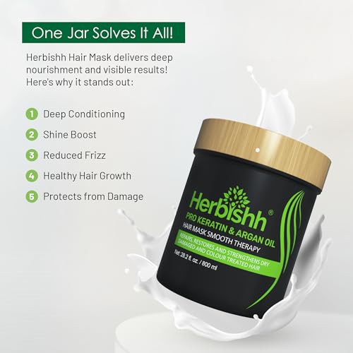 Herbishh Argan Hair Mask (800 ml), Deep Conditioning Hair Mask for Dry & Frizzy Hair | Keratin Hair Mask Sulfate Free, Hydrating Argan Oil Hair Mask for Damaged Hair