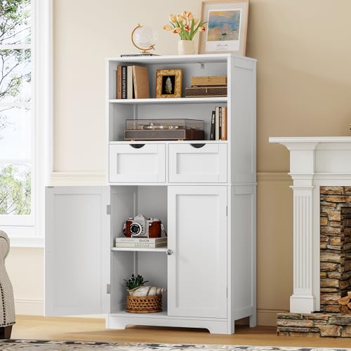 Bathroom Cabinet with 2 Drawers & 3 Adjustable Shelves, Bathroom Storage Cabinet, Cupboard for Living Room, Dining Room, Entryway, White