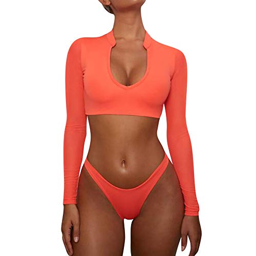 LALA IKAI Women's Long Sleeves Swimsuit Mesh Cover up Cutout Thong Bikini Bathing Suits Two Piece Swimwear Orange