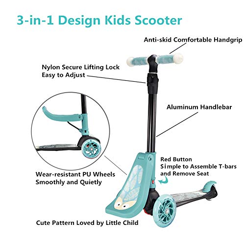 New Olym Kids Scooter for Toddlers 3 Wheel Kick Scooter with Removable Seat Great for Big Boys Girls Adjustable Handlebars LED Light up Wheels Y Glider Toys Children Age 2-6 Years Green