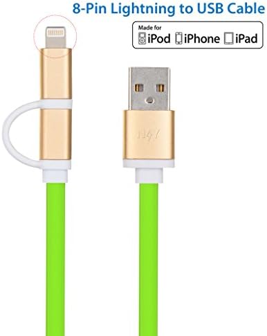 NICEYOU 2-Pack Green Short USB Dual Cable 2 in 1 30CM 1Ft with Lightning and Micro-USB Charger Cord for Charging IOS Apple iPhone Android Tab Galaxy Kindle